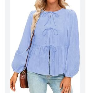 Nenona Blue Stripe Tie Front Babydoll top, Women's size M